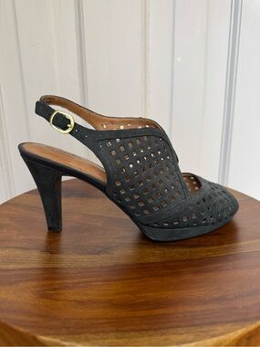 Clarks Black Perforated Slingback Heels with Gold Buckle